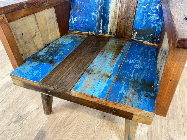 Boatwood by WMK # 1/4 Beautiful armchair in beautiful blue made of old boat wood, a handmade unique piece made of solid teak # Armchair Reading chair Club chair Wooden chair Garden furniture Balcony furniture