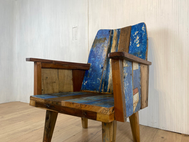 Boatwood by WMK # 1/4 Beautiful armchair in beautiful blue made of old boat wood, a handmade unique piece made of solid teak # Armchair Reading chair Club chair Wooden chair Garden furniture Balcony furniture