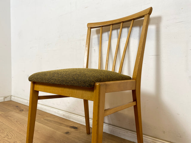 WMK Set aus 4 formschönen, bequemen und gut erhaltenen hellen 50er Jahre Sprossenstühle mit grünem Originalbezug # Stühle Küchenstühle Esszimmerstühle Holzstühle Dining Chairs Mid-Century Vintage 60er