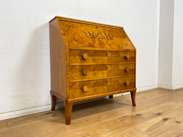 WMK Eleganter skandinavischer Sekretär aus vollem Holz mit hübschen Holzapplikationen und formschönen Holzgriffen # Schreibschrank Schreibtisch Kommode Schubladenkommode Desk Vintage 50er Mid-Century