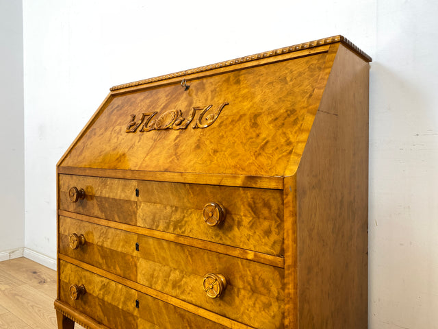 WMK Eleganter skandinavischer Sekretär aus vollem Holz mit hübschen Holzapplikationen und formschönen Holzgriffen # Schreibschrank Schreibtisch Kommode Schubladenkommode Desk Vintage 50er Mid-Century