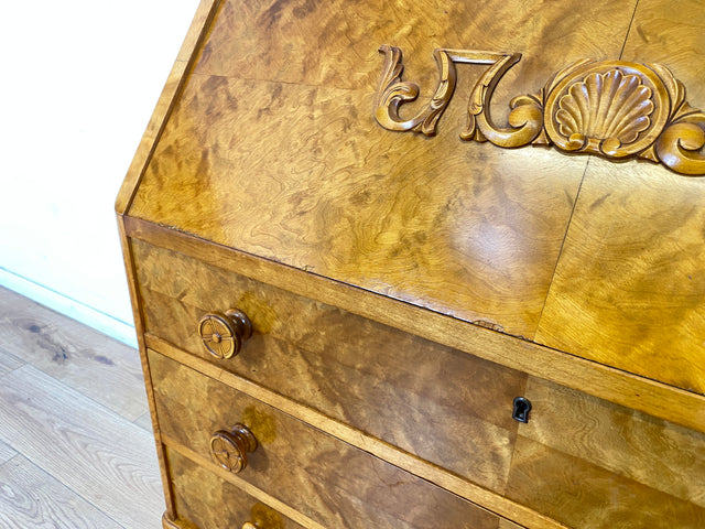 WMK Eleganter skandinavischer Sekretär aus vollem Holz mit hübschen Holzapplikationen und formschönen Holzgriffen # Schreibschrank Schreibtisch Kommode Schubladenkommode Desk Vintage 50er Mid-Century