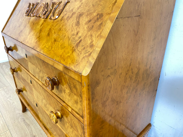 WMK Eleganter skandinavischer Sekretär aus vollem Holz mit hübschen Holzapplikationen und formschönen Holzgriffen # Schreibschrank Schreibtisch Kommode Schubladenkommode Desk Vintage 50er Mid-Century