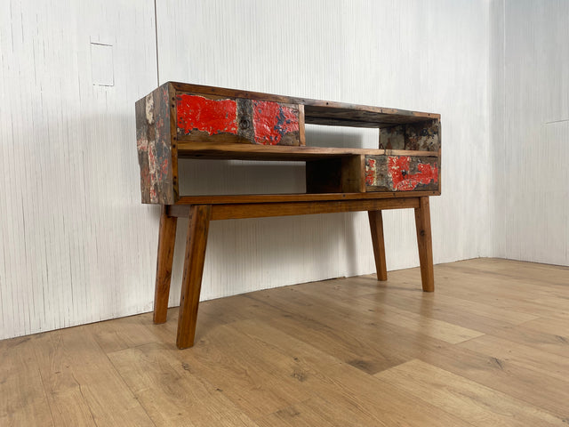 Boatwood by WMK # Besondere Konsole aus altem Bootsholz mit Schubladen, ein handgefertigtes Unikat aus massivem Teakholz # Kommode Sideboard Schrank Garderobe Flurkommode Ablage Industrial Upcycling