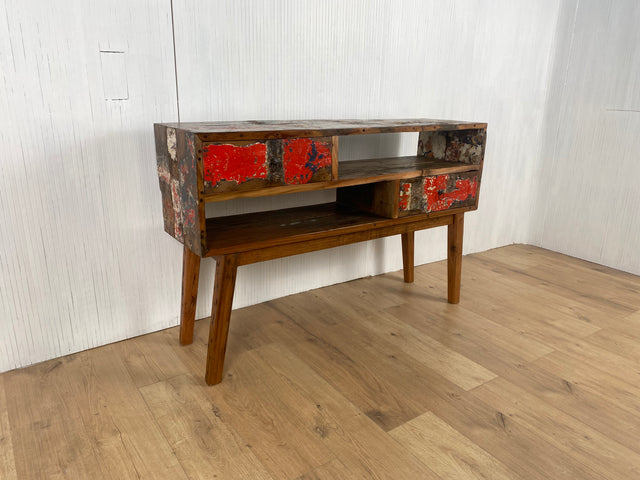 Boatwood by WMK # Besondere Konsole aus altem Bootsholz mit Schubladen, ein handgefertigtes Unikat aus massivem Teakholz # Kommode Sideboard Schrank Garderobe Flurkommode Ablage Industrial Upcycling