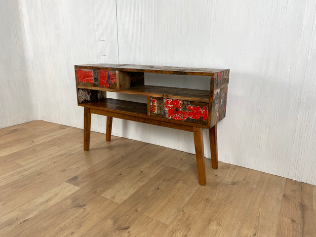 Boatwood by WMK # Besondere Konsole aus altem Bootsholz mit Schubladen, ein handgefertigtes Unikat aus massivem Teakholz # Kommode Sideboard Schrank Garderobe Flurkommode Ablage Industrial Upcycling