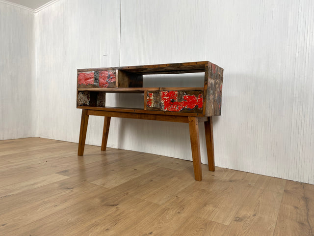 Boatwood by WMK # Besondere Konsole aus altem Bootsholz mit Schubladen, ein handgefertigtes Unikat aus massivem Teakholz # Kommode Sideboard Schrank Garderobe Flurkommode Ablage Industrial Upcycling