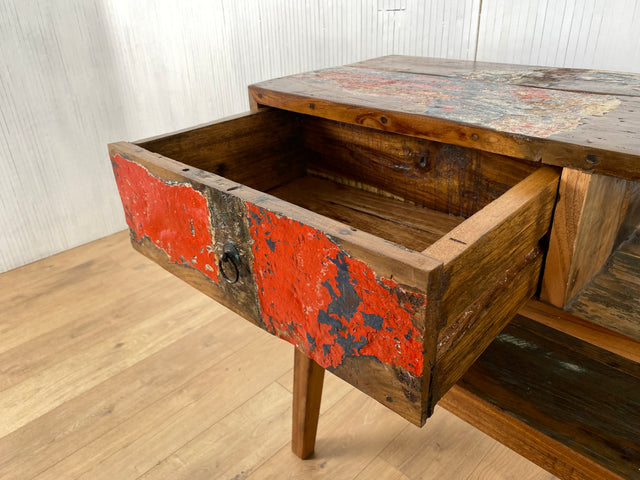 Boatwood by WMK # Besondere Konsole aus altem Bootsholz mit Schubladen, ein handgefertigtes Unikat aus massivem Teakholz # Kommode Sideboard Schrank Garderobe Flurkommode Ablage Industrial Upcycling