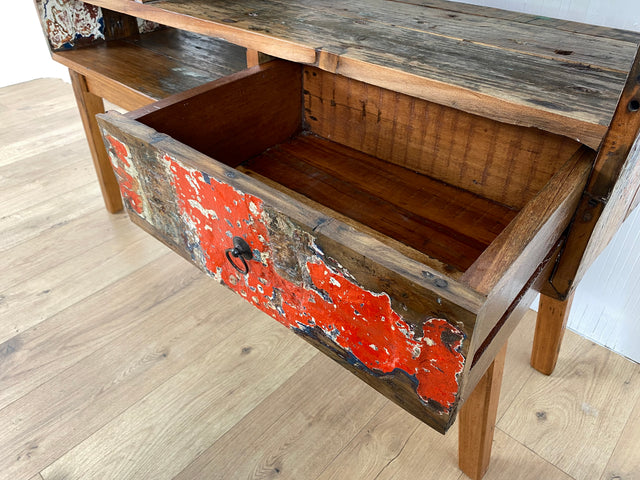 Boatwood by WMK # Besondere Konsole aus altem Bootsholz mit Schubladen, ein handgefertigtes Unikat aus massivem Teakholz # Kommode Sideboard Schrank Garderobe Flurkommode Ablage Industrial Upcycling