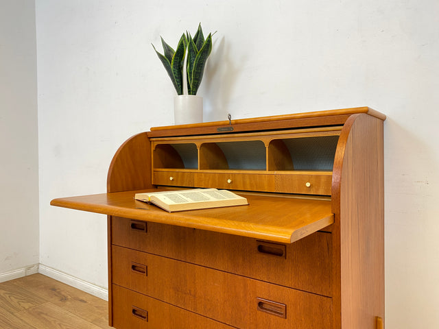 WMK Eleganter skandinavischer Sekretär in Teakholz mit ausziehbarer Schreibplatte und edlen Holzgriffen # Schreibschrank Schreibtisch Schubladenkommode Wäschekommode Vintage Mid-Century Danish Design