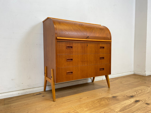 WMK Eleganter skandinavischer Sekretär in Teakholz mit ausziehbarer Schreibplatte und edlen Holzgriffen # Schreibschrank Schreibtisch Schubladenkommode Wäschekommode Vintage Mid-Century Danish Design