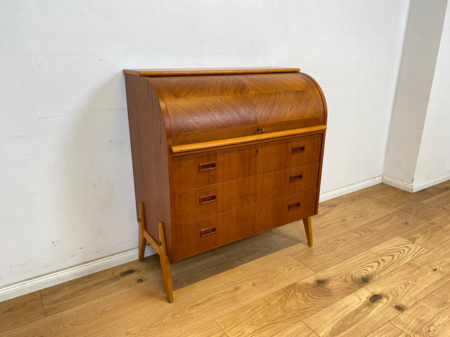 WMK Eleganter skandinavischer Sekretär in Teakholz mit ausziehbarer Schreibplatte und edlen Holzgriffen # Schreibschrank Schreibtisch Schubladenkommode Wäschekommode Vintage Mid-Century Danish Design