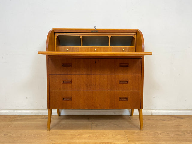 WMK Eleganter skandinavischer Sekretär in Teakholz mit ausziehbarer Schreibplatte und edlen Holzgriffen # Schreibschrank Schreibtisch Schubladenkommode Wäschekommode Vintage Mid-Century Danish Design