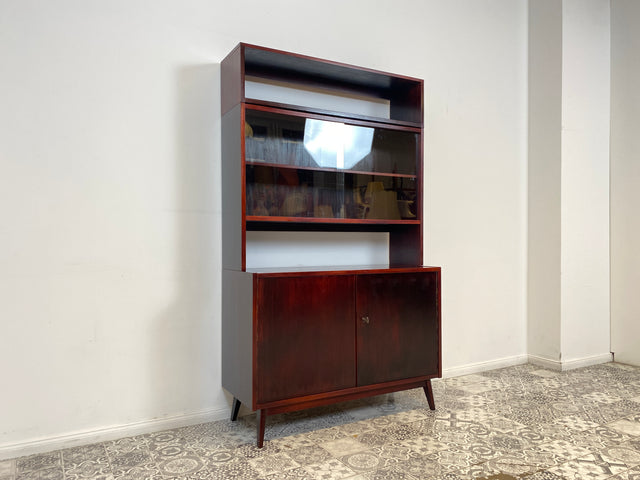 WMK Besonders schöner & gut erhaltener Mid-Century Vitrinenschrank mit Glasschiebetüren & Schubladen, Vollholz, 1961 # Vitrine Highboard Bücherschrank Bücherregal Sideboard Kommode Vintage 50er 60er