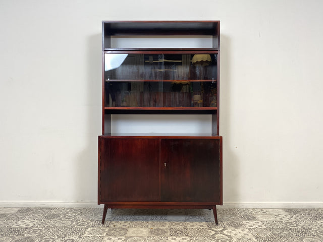 WMK Besonders schöner & gut erhaltener Mid-Century Vitrinenschrank mit Glasschiebetüren & Schubladen, Vollholz, 1961 # Vitrine Highboard Bücherschrank Bücherregal Sideboard Kommode Vintage 50er 60er