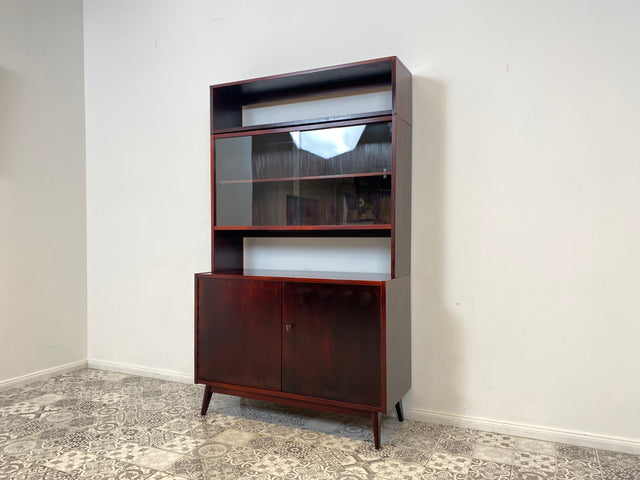 WMK Besonders schöner & gut erhaltener Mid-Century Vitrinenschrank mit Glasschiebetüren & Schubladen, Vollholz, 1961 # Vitrine Highboard Bücherschrank Bücherregal Sideboard Kommode Vintage 50er 60er