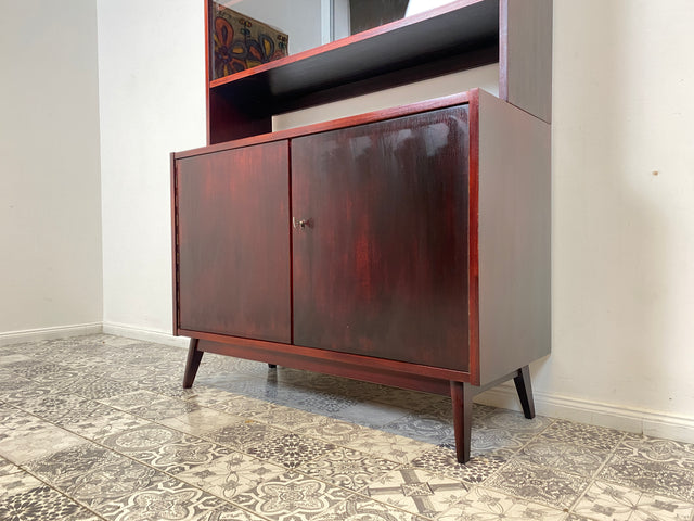 WMK Besonders schöner & gut erhaltener Mid-Century Vitrinenschrank mit Glasschiebetüren & Schubladen, Vollholz, 1961 # Vitrine Highboard Bücherschrank Bücherregal Sideboard Kommode Vintage 50er 60er