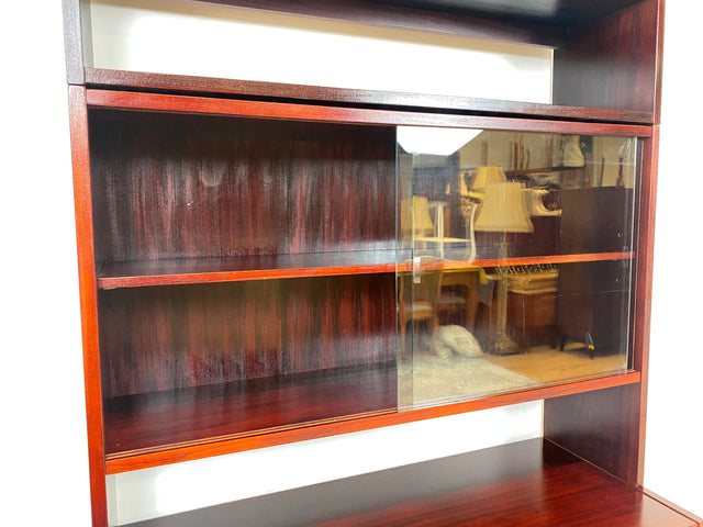 WMK Besonders schöner & gut erhaltener Mid-Century Vitrinenschrank mit Glasschiebetüren & Schubladen, Vollholz, 1961 # Vitrine Highboard Bücherschrank Bücherregal Sideboard Kommode Vintage 50er 60er