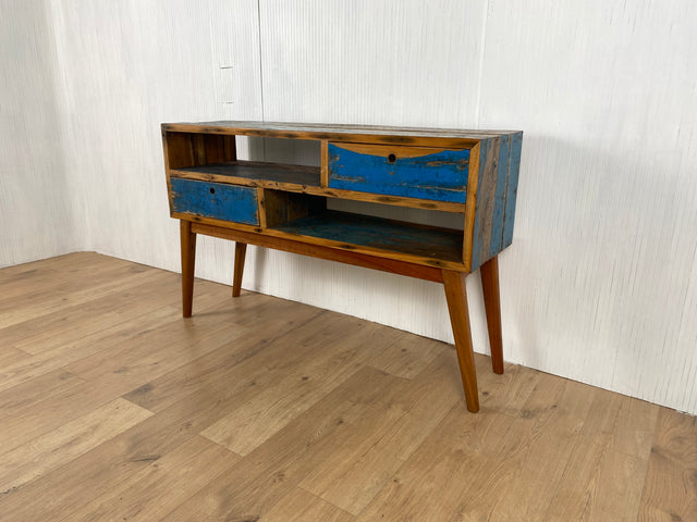 Boatwood by WMK # Besondere Konsole aus altem Bootsholz mit Schubladen, ein handgefertigtes Unikat aus massivem Teakholz # Kommode Sideboard Schrank Garderobe Ablage Flurkommode Industrial Upcycling