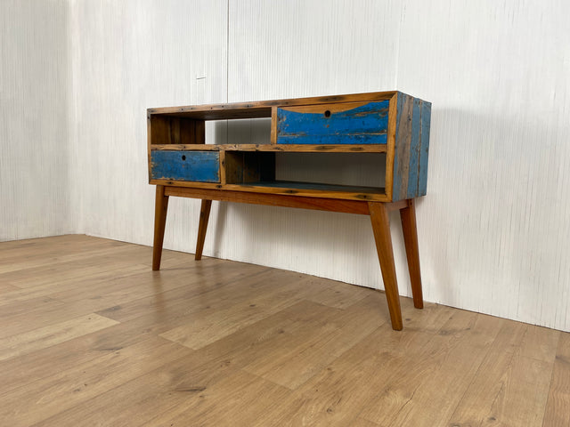 Boatwood by WMK # Besondere Konsole aus altem Bootsholz mit Schubladen, ein handgefertigtes Unikat aus massivem Teakholz # Kommode Sideboard Schrank Garderobe Ablage Flurkommode Industrial Upcycling