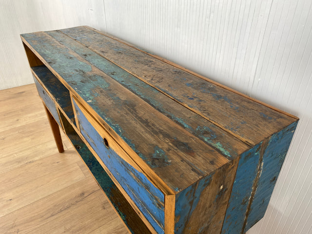 Boatwood by WMK # Besondere Konsole aus altem Bootsholz mit Schubladen, ein handgefertigtes Unikat aus massivem Teakholz # Kommode Sideboard Schrank Garderobe Ablage Flurkommode Industrial Upcycling