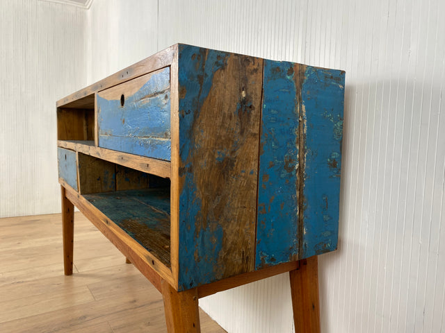 Boatwood by WMK # Besondere Konsole aus altem Bootsholz mit Schubladen, ein handgefertigtes Unikat aus massivem Teakholz # Kommode Sideboard Schrank Garderobe Ablage Flurkommode Industrial Upcycling