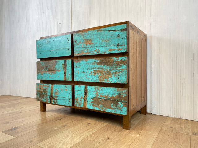 Boatwood by WMK # Schöne, meeresblaue Schubladenkommode aus altem Bootsholz, ein handgefertigtes Unikat aus massivem Teakholz # Schrank Kommode Wäschekommode Sideboard Wickelkommode Flurkommode Teak