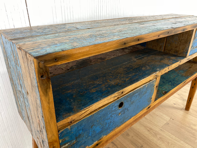 Boatwood by WMK # Besondere Konsole aus altem Bootsholz mit Schubladen, ein handgefertigtes Unikat aus massivem Teakholz # Kommode Sideboard Schrank Garderobe Ablage Flurkommode Industrial Upcycling