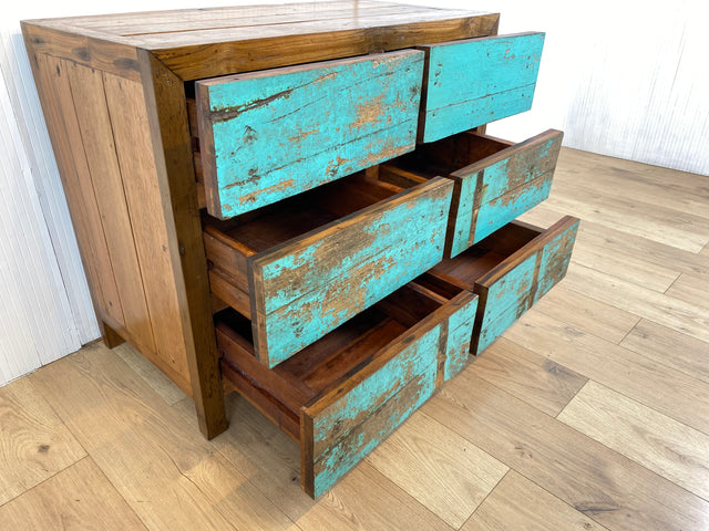 Boatwood by WMK # Schöne, meeresblaue Schubladenkommode aus altem Bootsholz, ein handgefertigtes Unikat aus massivem Teakholz # Schrank Kommode Wäschekommode Sideboard Wickelkommode Flurkommode Teak