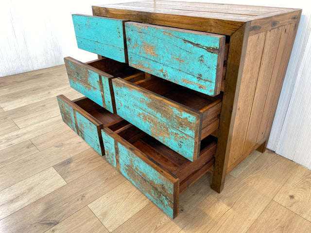 Boatwood by WMK # Schöne, meeresblaue Schubladenkommode aus altem Bootsholz, ein handgefertigtes Unikat aus massivem Teakholz # Schrank Kommode Wäschekommode Sideboard Wickelkommode Flurkommode Teak