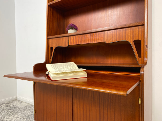 WMK Schöner & gut erhaltener skandinavischer Bücherschrank aus Vollholz mit ausziehbarer Schreibplatte und Geheimfach # Regal Bücherregal Highboard Sekretär Schreibtisch Kommode Vintage Mid-Century