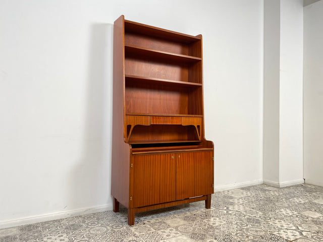 WMK Schöner & gut erhaltener skandinavischer Bücherschrank aus Vollholz mit ausziehbarer Schreibplatte und Geheimfach # Regal Bücherregal Highboard Sekretär Schreibtisch Kommode Vintage Mid-Century