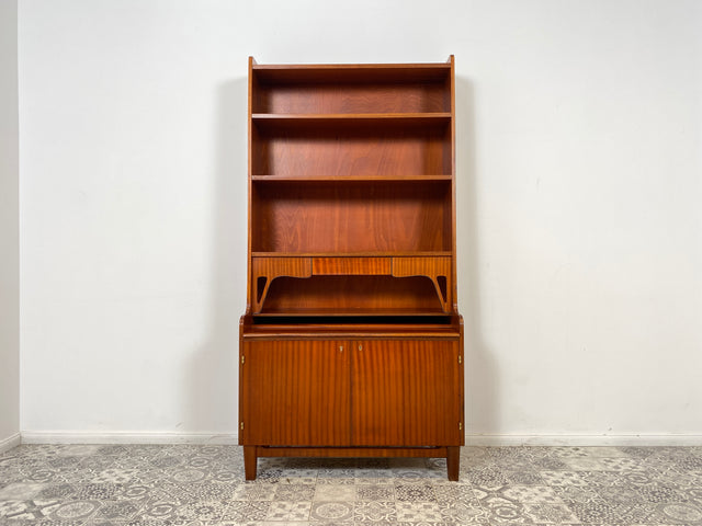 WMK Schöner & gut erhaltener skandinavischer Bücherschrank aus Vollholz mit ausziehbarer Schreibplatte und Geheimfach # Regal Bücherregal Highboard Sekretär Schreibtisch Kommode Vintage Mid-Century