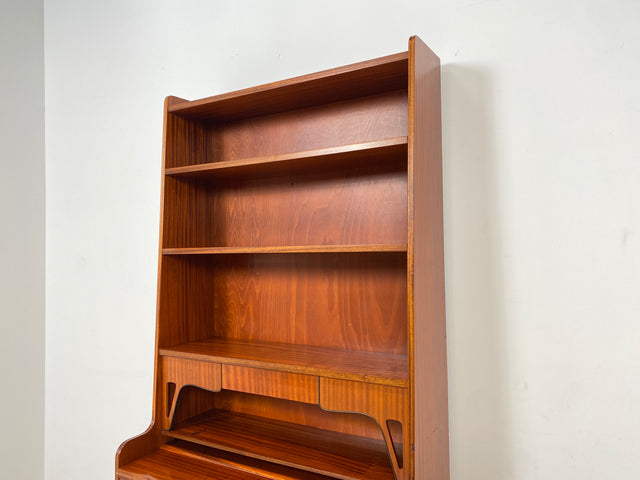 WMK Schöner & gut erhaltener skandinavischer Bücherschrank aus Vollholz mit ausziehbarer Schreibplatte und Geheimfach # Regal Bücherregal Highboard Sekretär Schreibtisch Kommode Vintage Mid-Century