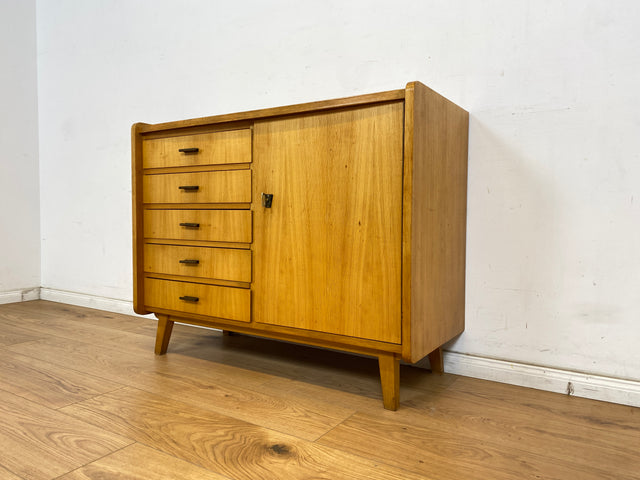 WMK Schöne, geräumige & gut erhaltene Mid-Century Kommode aus vollem Holz mit 5 Schubladen, großem Fach & original Messinggriffen # Schrank Wäscheschrank Wäschekommode Wickelkommode Sideboard Vintage