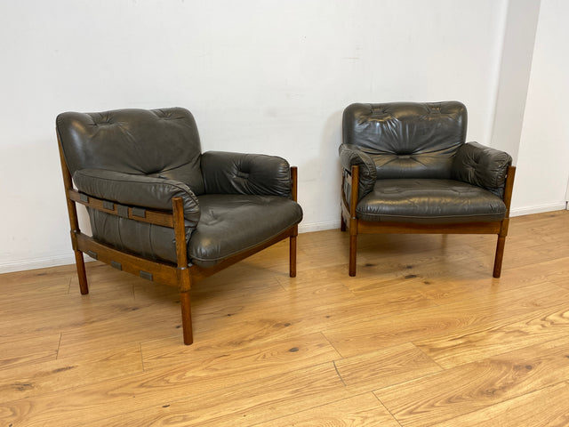 WMK I 1/2 Hochwertiger 70er Jahre Lounge Sessel im Stile von Jean Gillon & Arne Norell mit Echt Leder Bezug & Eichenholz Rahmen I Armchair Sitzgarnitur Danish Design Skandinavisch Mid-Century Vintage