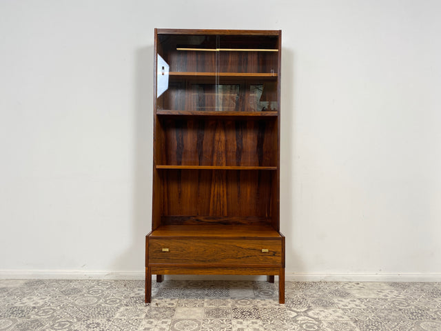 WMK Stilvoller & gut erhaltener skandinavischer Bücherschrank mit Vitrine , verstellb. Regalböden & Schublade , in edlem Palisander # Regal Bücherregal Highboard Kommode Rosewood Mid-Century Vintage