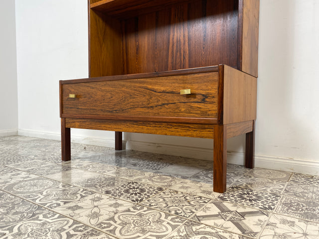 WMK Stilvoller & gut erhaltener skandinavischer Bücherschrank mit Vitrine , verstellb. Regalböden & Schublade , in edlem Palisander # Regal Bücherregal Highboard Kommode Rosewood Mid-Century Vintage