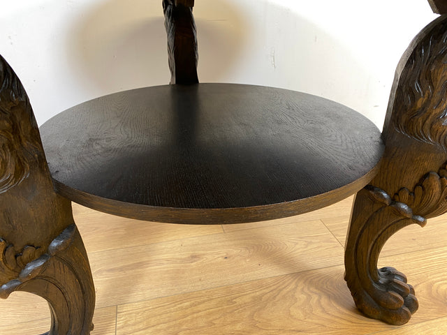 WMK Besonders schöner und sehr gut erhaltener runder antiker Salontisch aus vollem Holz mit handgeschnitzten Löwenköpfen und Löwentatzen # Couchtisch Wohnzimmertisch Coffee Table Gründerzeit Vintage