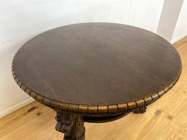 WMK Besonders schöner und sehr gut erhaltener runder antiker Salontisch aus vollem Holz mit handgeschnitzten Löwenköpfen und Löwentatzen # Couchtisch Wohnzimmertisch Coffee Table Gründerzeit Vintage