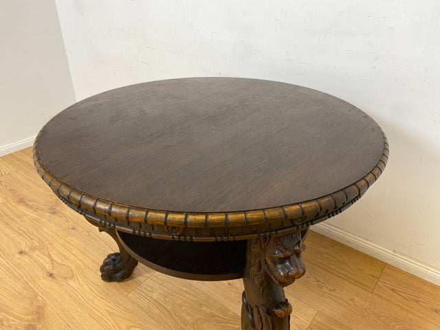 WMK Besonders schöner und sehr gut erhaltener runder antiker Salontisch aus vollem Holz mit handgeschnitzten Löwenköpfen und Löwentatzen # Couchtisch Wohnzimmertisch Coffee Table Gründerzeit Vintage