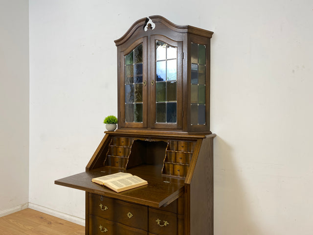 WMK Sehr gut erhaltener dänischer Vintage Schreibschrank aus vollem Holz mit schönem Bleiglas Aufsatz & edlen Messingbeschlägen # Sekretär Schreibtisch Büchervitrine Bücherschrank Bücherregal Vitrine