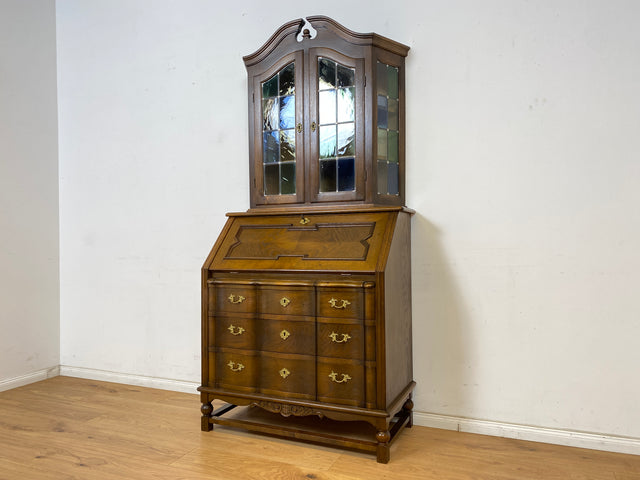 WMK Sehr gut erhaltener dänischer Vintage Schreibschrank aus vollem Holz mit schönem Bleiglas Aufsatz & edlen Messingbeschlägen # Sekretär Schreibtisch Büchervitrine Bücherschrank Bücherregal Vitrine