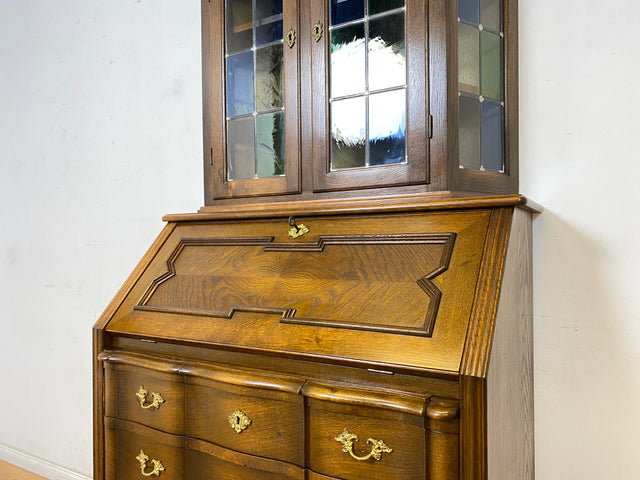 WMK Sehr gut erhaltener dänischer Vintage Schreibschrank aus vollem Holz mit schönem Bleiglas Aufsatz & edlen Messingbeschlägen # Sekretär Schreibtisch Büchervitrine Bücherschrank Bücherregal Vitrine