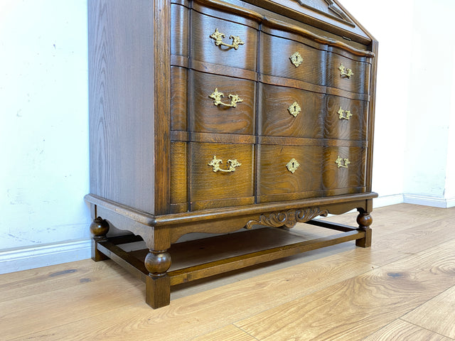 WMK Sehr gut erhaltener dänischer Vintage Schreibschrank aus vollem Holz mit schönem Bleiglas Aufsatz & edlen Messingbeschlägen # Sekretär Schreibtisch Büchervitrine Bücherschrank Bücherregal Vitrine