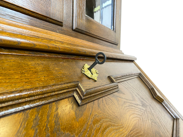 WMK Sehr gut erhaltener dänischer Vintage Schreibschrank aus vollem Holz mit schönem Bleiglas Aufsatz & edlen Messingbeschlägen # Sekretär Schreibtisch Büchervitrine Bücherschrank Bücherregal Vitrine