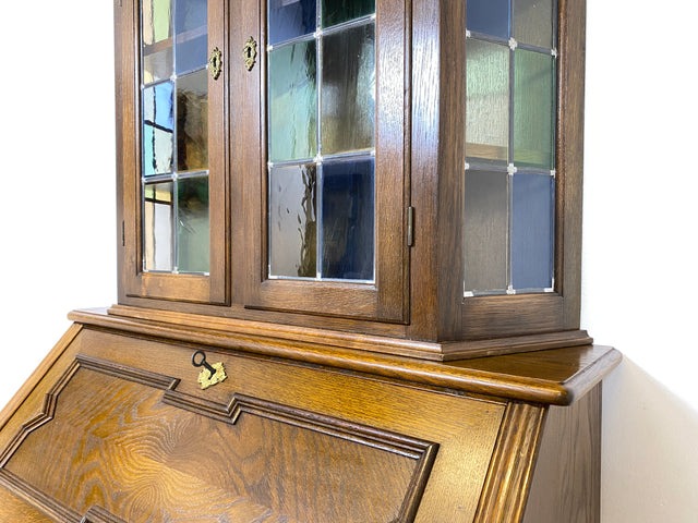 WMK Sehr gut erhaltener dänischer Vintage Schreibschrank aus vollem Holz mit schönem Bleiglas Aufsatz & edlen Messingbeschlägen # Sekretär Schreibtisch Büchervitrine Bücherschrank Bücherregal Vitrine