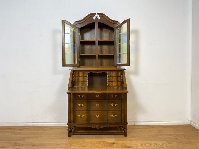 WMK Sehr gut erhaltener dänischer Vintage Schreibschrank aus vollem Holz mit schönem Bleiglas Aufsatz & edlen Messingbeschlägen # Sekretär Schreibtisch Büchervitrine Bücherschrank Bücherregal Vitrine