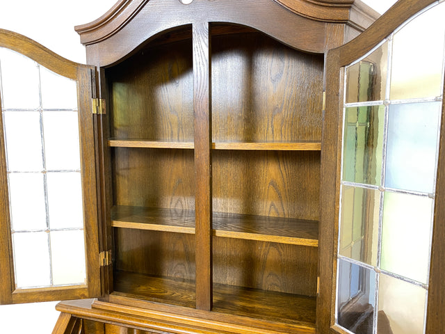 WMK Sehr gut erhaltener dänischer Vintage Schreibschrank aus vollem Holz mit schönem Bleiglas Aufsatz & edlen Messingbeschlägen # Sekretär Schreibtisch Büchervitrine Bücherschrank Bücherregal Vitrine