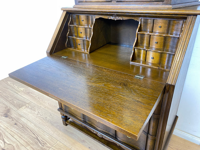 WMK Sehr gut erhaltener dänischer Vintage Schreibschrank aus vollem Holz mit schönem Bleiglas Aufsatz & edlen Messingbeschlägen # Sekretär Schreibtisch Büchervitrine Bücherschrank Bücherregal Vitrine